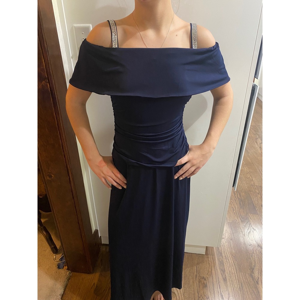 Vintage 90s Y2K Navy Blue Off Shoulder Rhinestone Strap Ruched Maxi Dress